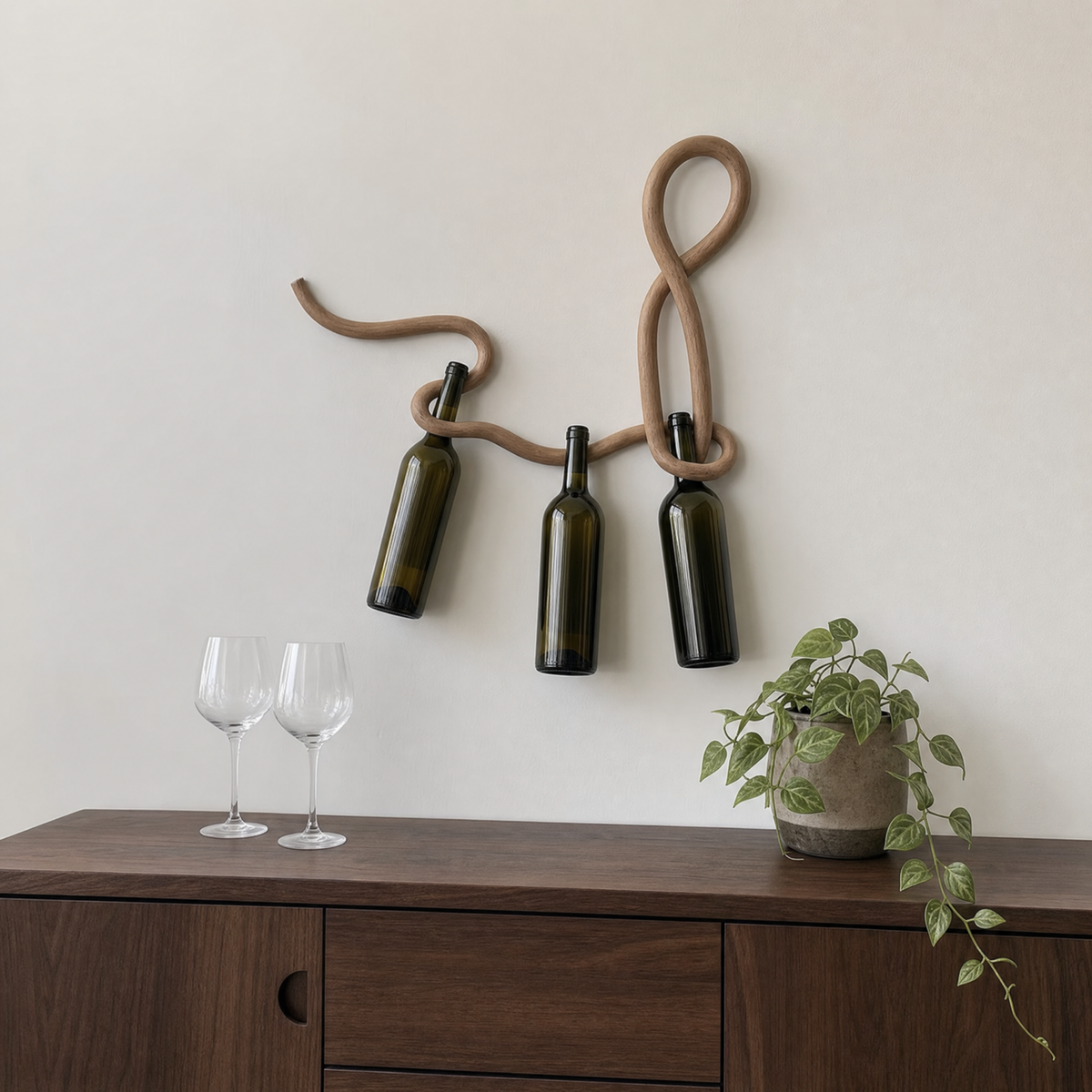 Snake-shaped wall mounted wine rack holding three bottles above a walnut sideboard