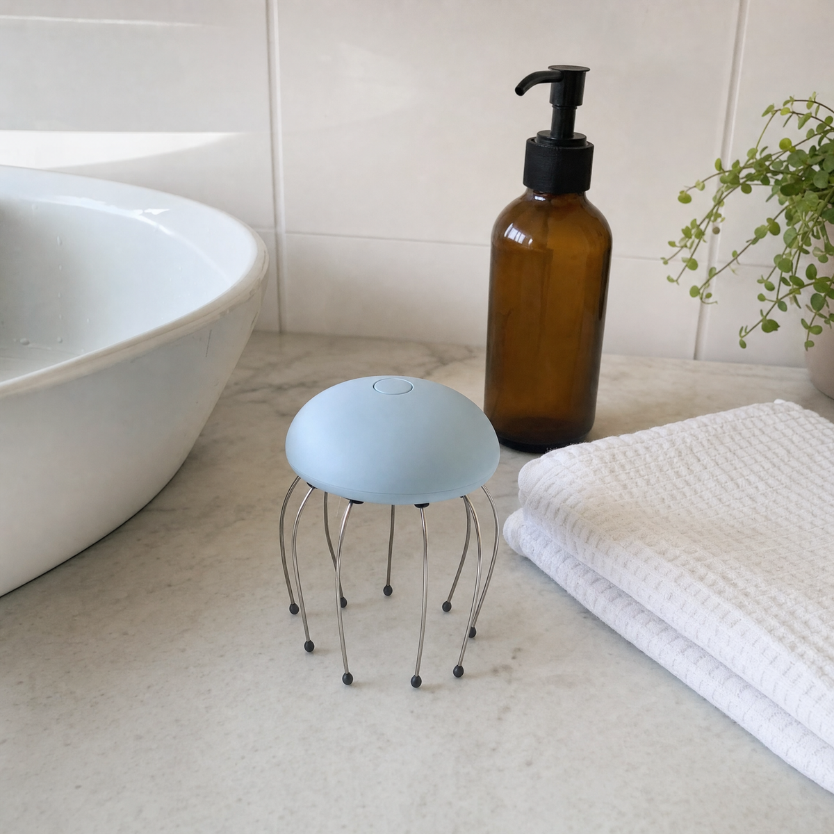 Electric 8-claw scalp massager resting on a bathroom counter beside a folded towel